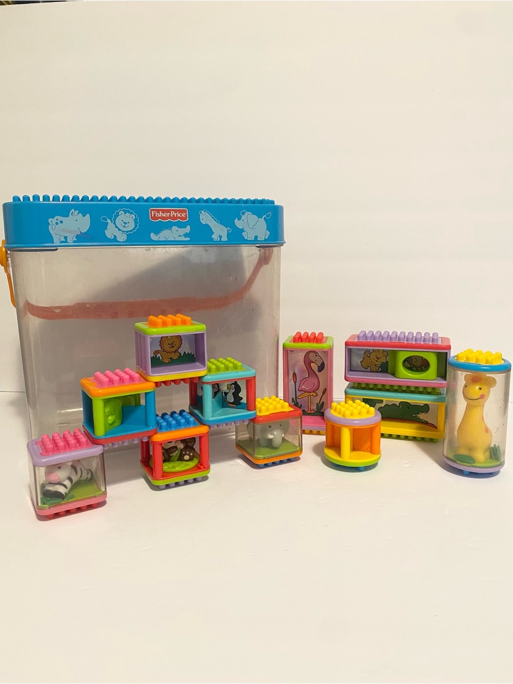 Fisher Price Peek a Boo Blocks Bucket o' Builders Bristle Sensory Baby Lot Zoo